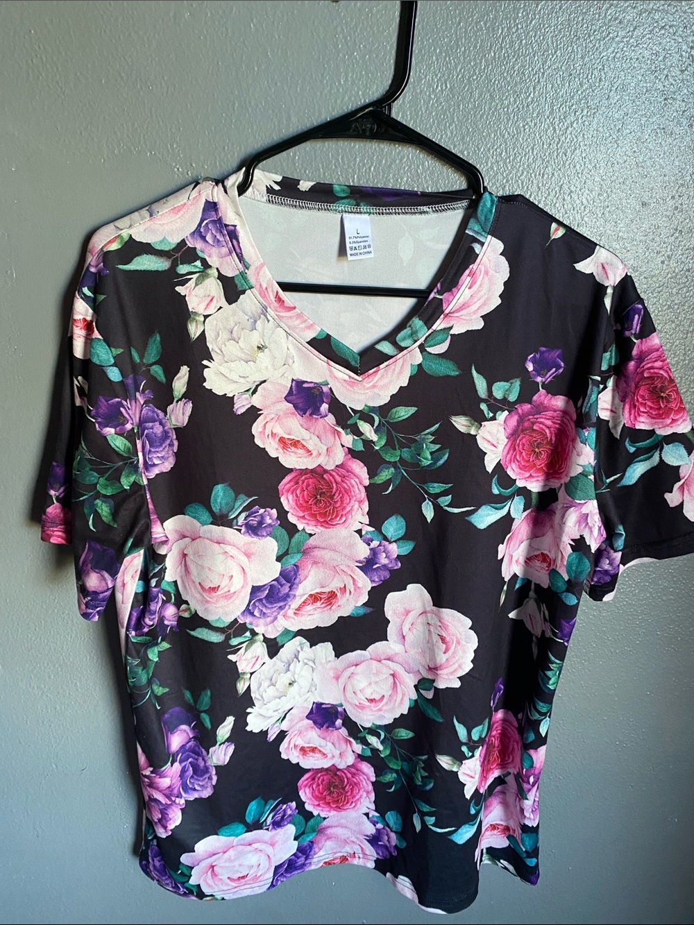 Floral V-Neck Women’s Top in Black with Pink & Purple Roses